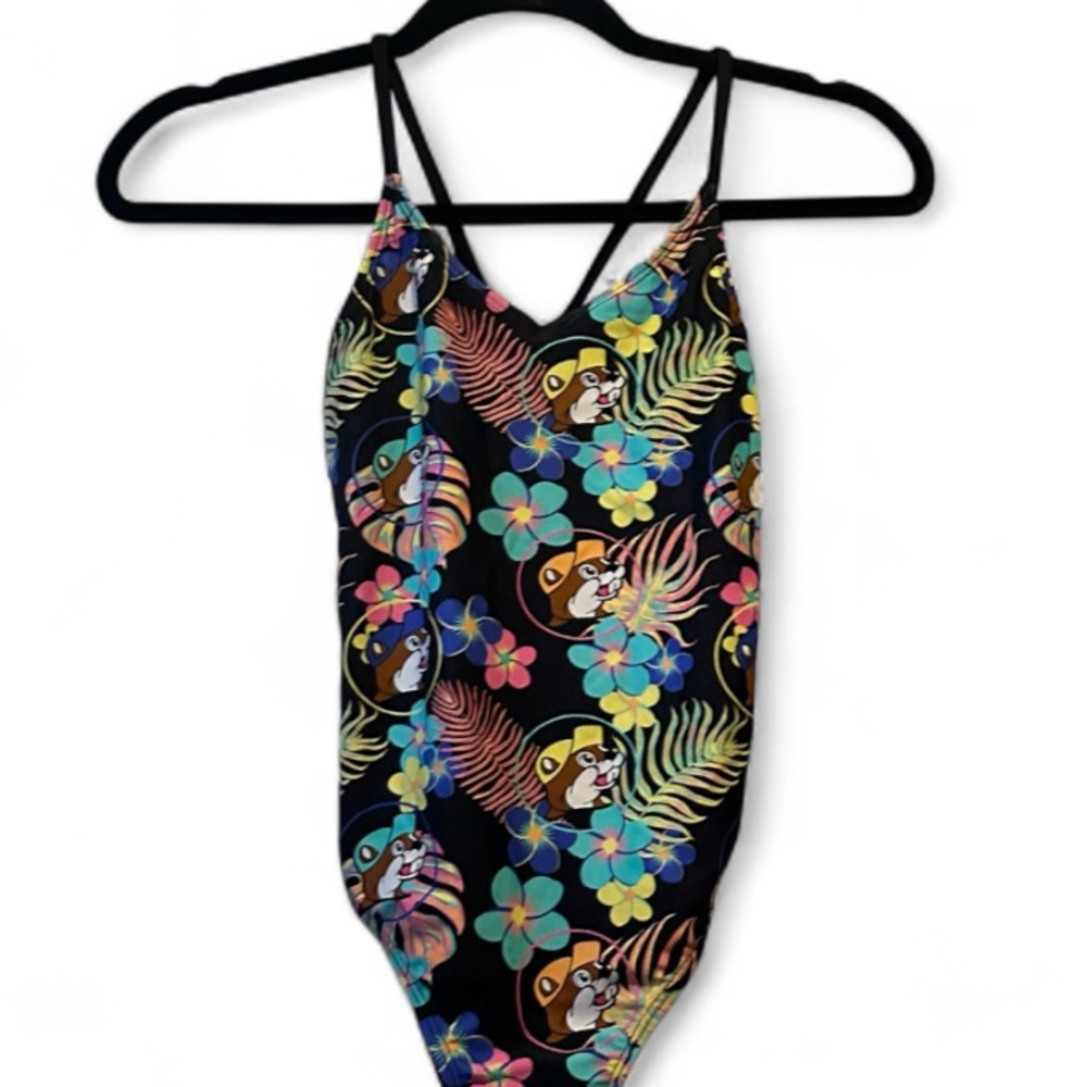 Buc-ee’s Tropical Palms Beaver Logo Hawaiian Floral One Piece Swim Suit YL Girls